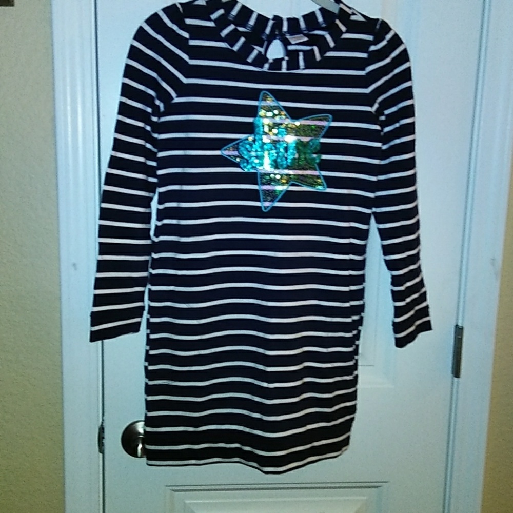 🌈 L New Gymboree Shine Sparkle Nautical Dress Navy & White Striped Girl's 10